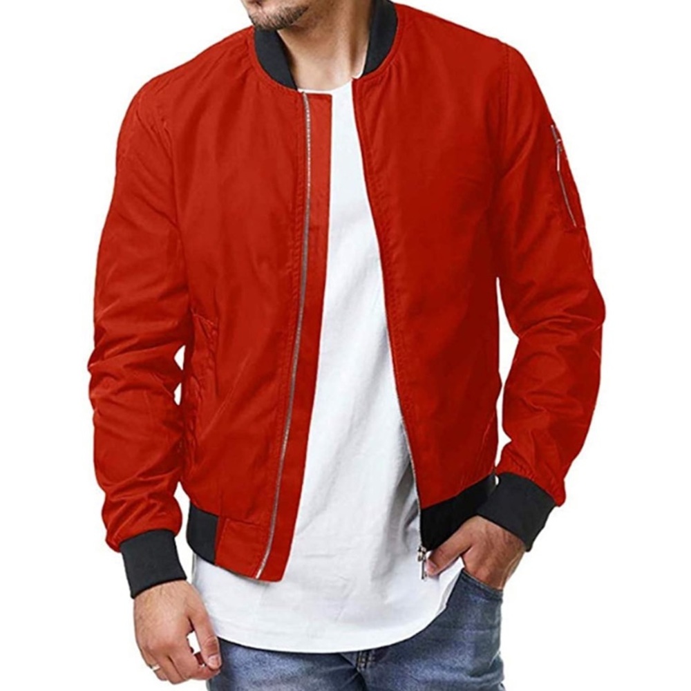Red Bomber Jackets Lightweight Outerwear Full Zip Up Varsity Jacket